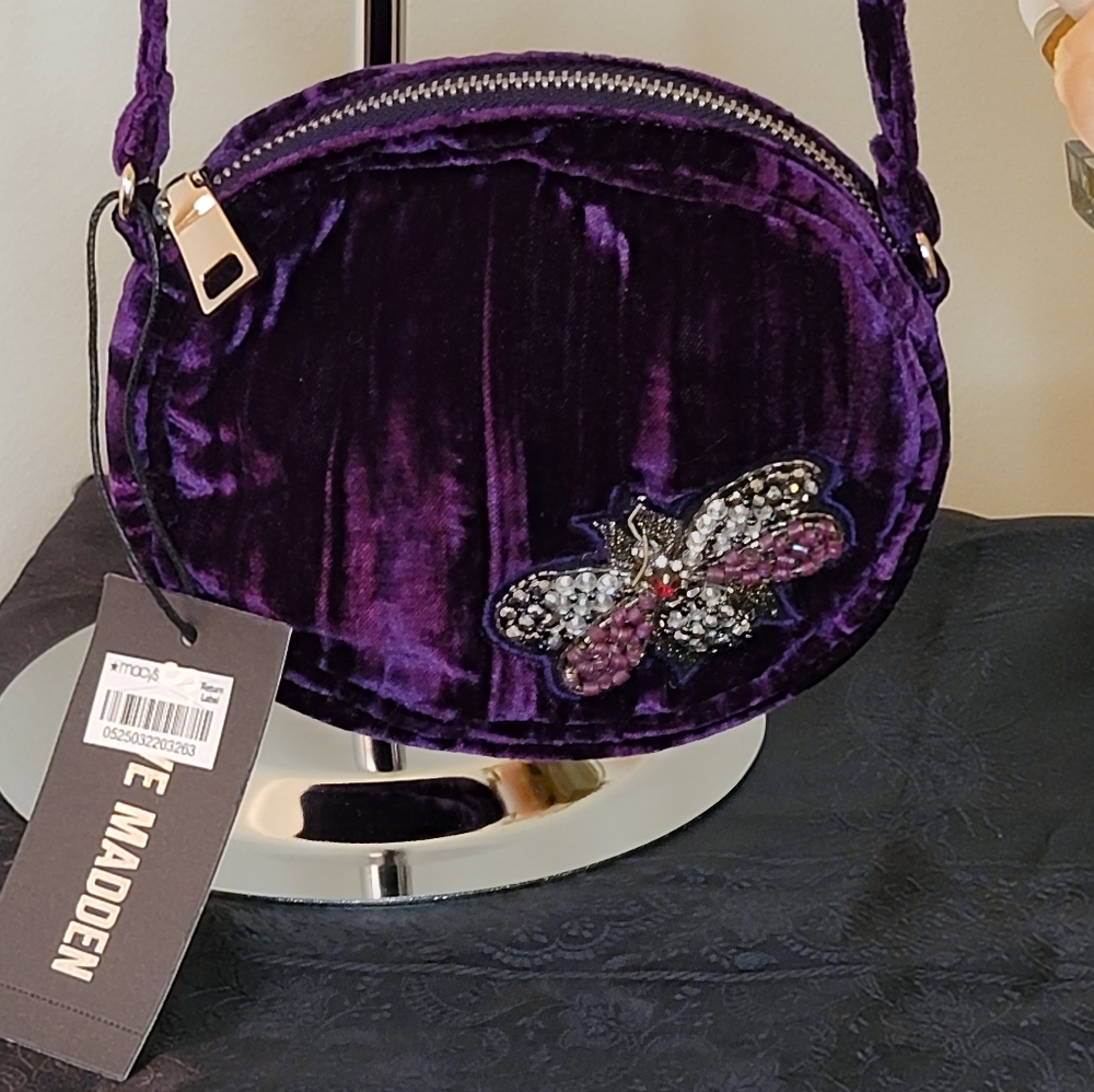 Steve Madden Lotus Mini Canteen Butterfly Purple Velvet Crossbody NWT - Picture 3 of 5